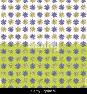 Motivo senza cuciture vettoriale floreale camomilla. Disegno a mano inchiostro nero pennello tratto contorno, margherita fiori prato in blu giallo colori Illustrazione Vettoriale