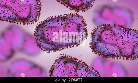 Virus Monkeypox, closeup di patogeni microscopici, malattia zoonotica infettiva (resa microbiologica 3D) Foto Stock