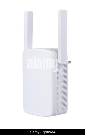 Range Extender wi-fi bianco isolato su bianco Foto Stock