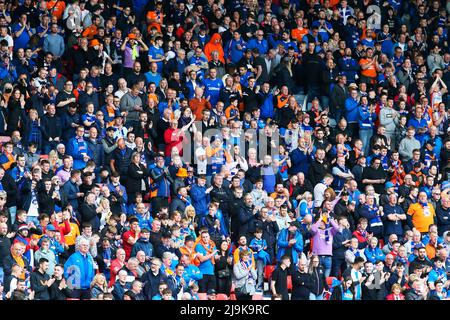 I tifosi del Rangers FC sul terrazzamento allo stadio Hamden Park di Glasgow alla finale della Scottish Cup. Scozia, Regno Unito Foto Stock