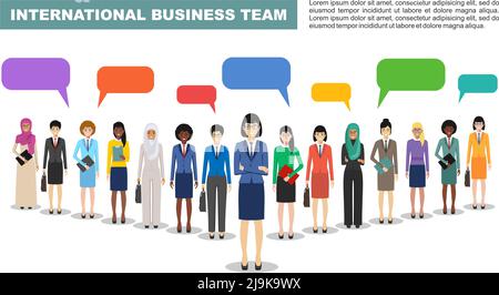 Gruppo di persone creative isolate su sfondo bianco. Insieme di diversi uomini d'affari che si levano in piedi insieme e bolle di discorso. Nazionalità diverse AN Illustrazione Vettoriale