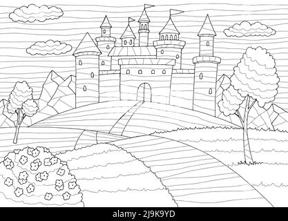 Castello colorazione strada grafica bianco nero paesaggio disegno vettore Illustrazione Vettoriale