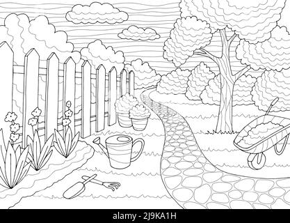 Garden coloring grafico bianco nero paesaggio disegno vettore illustrazione Illustrazione Vettoriale