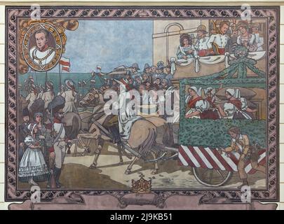 Celebrazione in occasione dell'incoronazione del re Ferdinando V di Boemia (Ferdinando il benevolo) nell'Invalidovna il 14 settembre 1834. Pittura murale dei pittori cechi Karel Ludvík Klusáček e Jan Köhler (1904-1906) sulla costruzione della scuola comunale di Karlín nel distretto di Karlín a Praga, Repubblica Ceca. Foto Stock