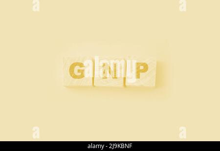 PNL Lordo prodotto interno Lordo parole fatte con blocchi di legno sopra sfondo giallo Foto Stock