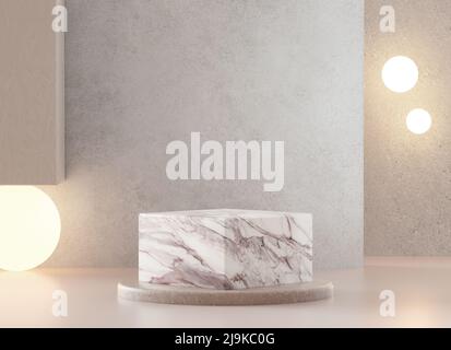 Piattaforma podio quadrata in marmo in uno sfondo di scena minimo per l'esposizione del prodotto in rendering 3D Foto Stock
