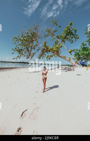 Giovane ragazza asiatica deserta su una spiaggia tropicale di sabbia bianca in un costume da bagno bikini bianco con una tenda blu sull'isola e albero che cade sopra di lei Foto Stock