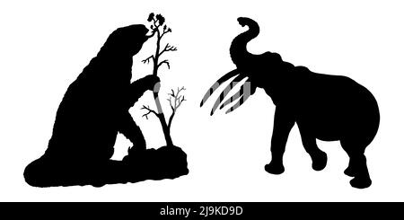 Animali giganteschi preistorici - stegotetrapelodon e megacetium. Disegno con elefante estinto. Disegno di silhouette. Foto Stock