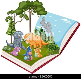 Libro aperto con vari dinosauri nell'illustrazione della foresta Illustrazione Vettoriale