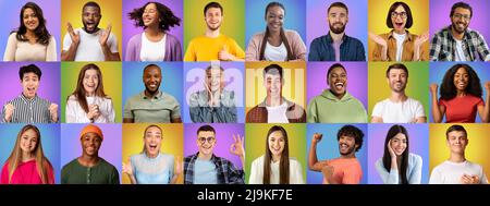 Set di persone multietniche gioie diverse ritratti su sfondi colorati Foto Stock