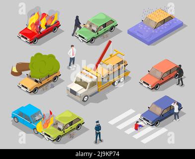 Kit isometrico vettoriale isolato per incidenti automobilistici 3D Illustrazione Vettoriale