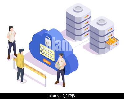 Vettore isometrico 3D per il controllo dell'accesso ai servizi cloud Illustrazione Vettoriale