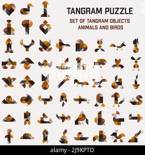 Set di Tangram Puzzle Leaf con schemi diversi. Illustrazione Vettoriale