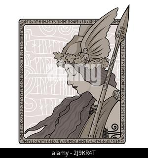 Valkyrie, illustrazione della mitologia scandinava, disegnata in stile Art Nouveau Illustrazione Vettoriale