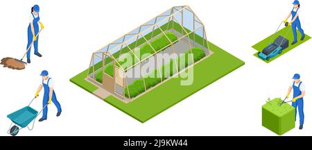 Giardinieri isometrici, agricoltori e lavoratori che si occupano del giardino, coltivando prodotti agricoli. Filari di piante che crescono all'interno di una grande serra industriale Illustrazione Vettoriale
