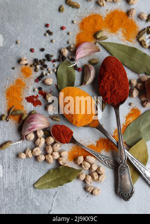 Parete di erbe e spezie. Primo piano foto di curcuma, spicchio, pepe, peperoncino, paprika e aglio su sfondo testurizzato. Foto Stock