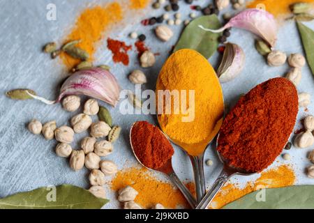 Parete di erbe e spezie. Primo piano foto di curcuma, spicchio, pepe, peperoncino, paprika e aglio su sfondo testurizzato. Foto Stock