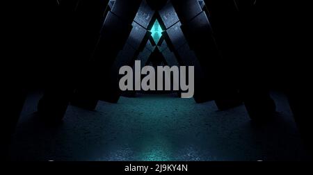 Magazzino Extraterrestre Metal Stage Room Showroom Blu scuro sfondo astratto con spazio per il testo Foto Stock