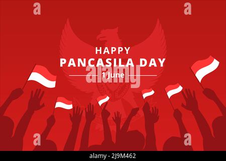 Felice giorno di Pancasila sfondo con bandiere indonesiane e simbolo di uccello di Garuda. Hari Lahir Pancasila 1 June Flat Style Vector Illustration Illustrazione Vettoriale