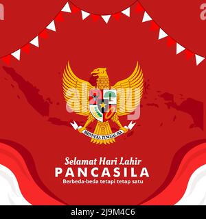 Selamat Hari Lahir Pancasila 1 Juni. Illustrazione del vettore del modello post sui social media. Traduzione: Giorno di Pancasila unità nella diversità Illustrazione Vettoriale