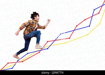 Poster creativo della bandiera di tipo di lavoratore eccitato hanno urgenza di correre verso l'alto successo promozione isolato sfondo Foto Stock