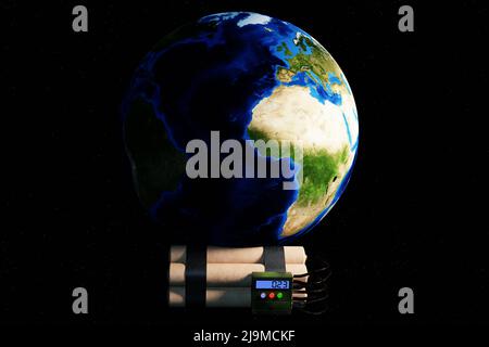 Pianeta terra su una bomba a orologeria. Sfondo nero. 3D rendering Foto Stock