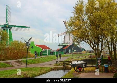 Mulini a vento olandesi e fattorie di latticini a Zannse Schans con canali circondati da alberi di salice in una bella giornata nuvolosa. Foto Stock