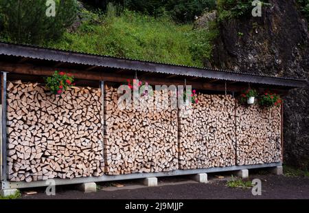 Grandi tronchi di legno prodotti dall'industria del legno, la silvicoltura si è accumulata per essere immagazzinata in una fattoria nel villaggio di Schattenhalb, in Svizzera Foto Stock