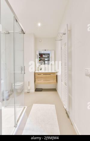 Armadio in legno con lavandino posto a parete con vari accessori per la cura della pelle in elegante bagno con cabina doccia in vetro e wc Foto Stock