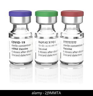 Concept Shot: Qual è la prossima malattia dopo Covid-19 e Monkeypox? Tre flaconcini con vaccinazione contro 'Covid-19', 'Monkeypox' e '????' Foto Stock