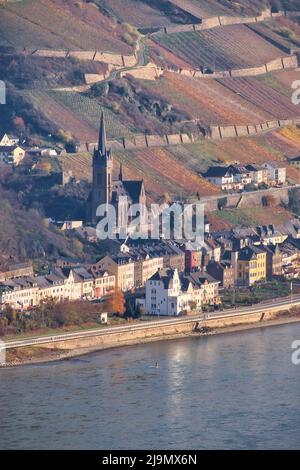 Chiesa parrocchiale di San Bonifatio e altri edifici a Lorchhausen, accanto al fiume Reno, con un vigneto sullo sfondo in una soleggiata giornata autunnale a Ger Foto Stock