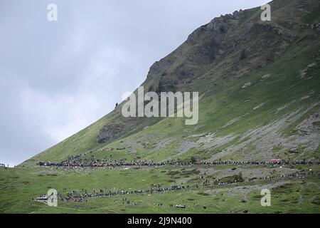 Foto Fabio Ferrari / LaPresse 24 Maggio 2022 Salò, Italia sport ciclismo giro d'Italia 2022 - edizione 105 - tappa 16 - Salò - Aprica (Sforzato Wine Stage) nella foto: un momento della gara tifosi Foto Fabio Ferrari / LaPresse Maggio 24, 2022 Salò, Italy sport Cycling giro d'Italia 2022 - edizione 105th - tappa 16 - da Salò ad Aprica (tappa vino Sforzato) nella foto: Durante la gara tifosi/ (Foto: La Presse / PRESSINPHOTO) Foto Stock