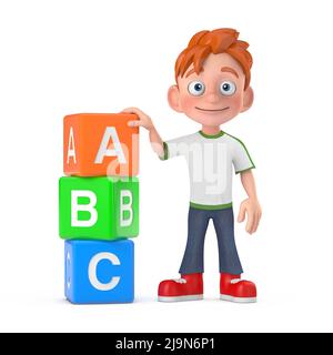 Cartoon Little Boy Teen persona personaggio Mascot con Alphabet ABC Education cubi su uno sfondo bianco. 3D rendering Foto Stock