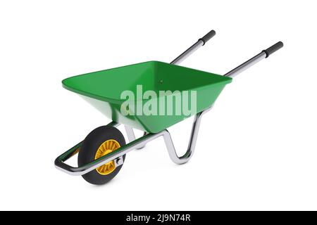 Giardinaggio e costruzione Verde Wheelbarrow per su sfondo bianco. 3D rendering Foto Stock