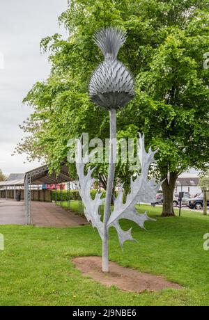 Scultura Thistle., simbolo inconfondibile di Ssymbol, accanto all'ingresso del parcheggio per i visitatori, luogo per matrimoni Gretna Green Scottish presso il negozio Blacksmiths Foto Stock