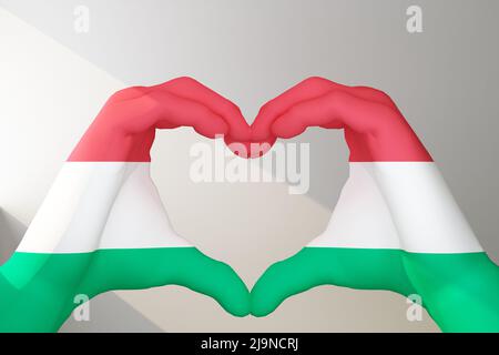 Gesto mani nel cuore dipinto nella bandiera Ungheria. 3d rendering Foto Stock