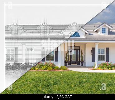 Prima e dopo di disegno di Blueprint della Casa personalizzata alla costruzione finita. Foto Stock