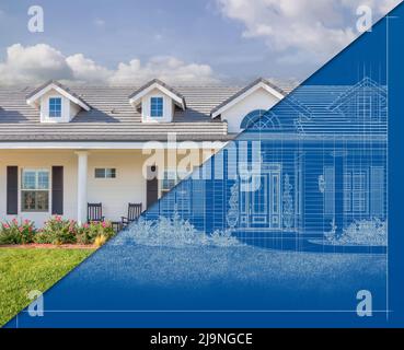 Prima e dopo di disegno di Blueprint della Casa personalizzata alla costruzione finita. Foto Stock