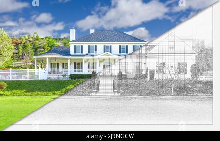 Prima e dopo di disegno di Blueprint della Casa personalizzata alla costruzione finita. Foto Stock