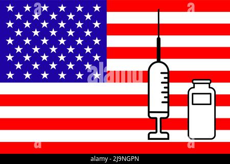 Vaccino. Disegno di un vaccino con il suo flaconcino con la bandiera degli Stati Uniti sullo sfondo. Design orizzontale. Vaiolo. Monkeypox. Coronavirus. Covid. Foto Stock