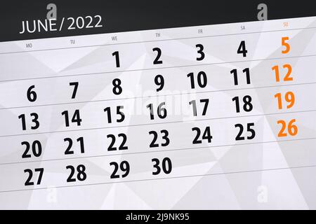 Calendario per il mese 2022 giugno, data di scadenza. Foto Stock