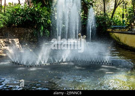 Una statua di marmo di due ragazzi che giocano in una cascata nei Giardini comunali di Funchal, Madeira. Scultore António Maria Ribeiro. Foto Stock