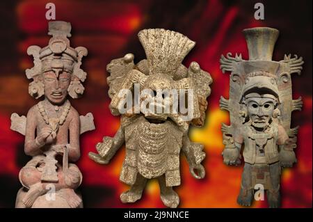 Alcune belle sculture dedicate alle divinità maya 'terribili' e sanguinose alle quali spesso erano dedicati sacrifici umani Foto Stock