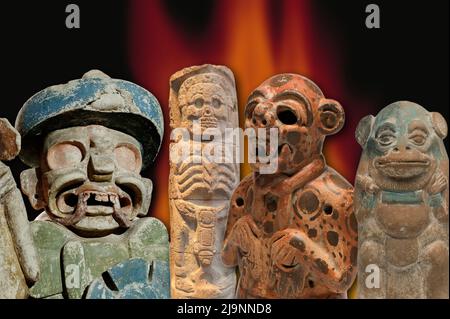 Alcune belle sculture dedicate alle divinità maya 'terribili' e sanguinose alle quali spesso erano dedicati sacrifici umani Foto Stock