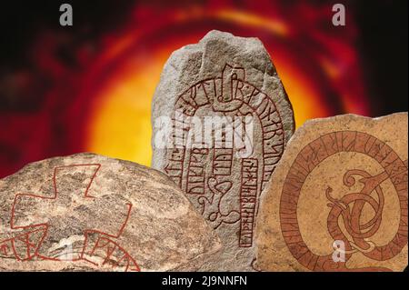 I runestones vichinghi sono runestones che menzionano gli scandinavi che hanno partecipato alle spedizioni vichinghe. Foto Stock