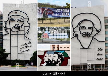 Alcuni murales nella città di l'Avana capitale di Cuba, che celebrano la Rivoluzione e i suoi personaggi storici. Foto Stock