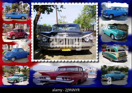 Presenta auto classiche americane sulle strade della città di Old Havana Foto Stock