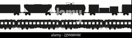 Modello senza cuciture per il trasporto merci. Treno passeggeri senza cuciture. Profilo del treno. Illustrazione vettoriale piatta isolata su sfondo bianco. Illustrazione Vettoriale