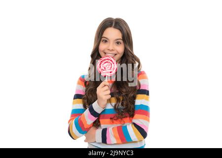 infanzia sana. cura dentale teen. dente dolce. yummy. ragazza felice tenere lollipop Foto Stock