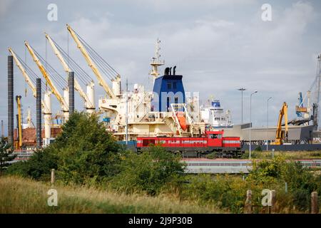 Paesaggio del porto di Klaipeda con navi, container, traghetti e gru. In primo piano è una locomotiva a vapore rossa che corre su una ferrovia. Foto Stock